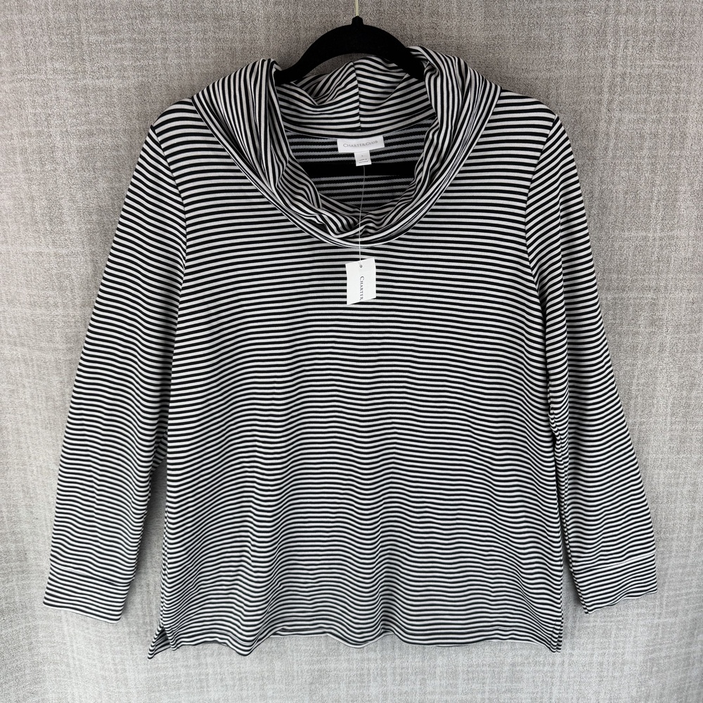 Charter Club Sweater Womens L Black Striped Cowl Neck Pullover Lightweight